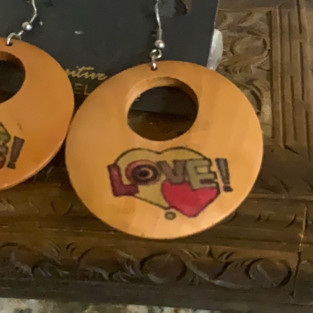 Wood Carved  Love Heart Dangle Earrings - Picture 2 of 5